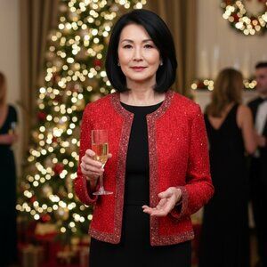 Vintage Krishma Red Fully Lined Silk and Beaded Red Festive Jacket